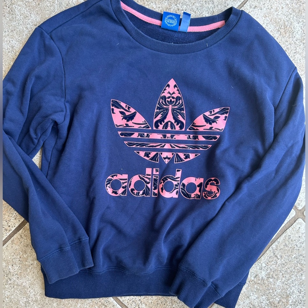 ADIDAS logo sweatshirt, navy and coral colors, velvet logo, amazing cond size XS
